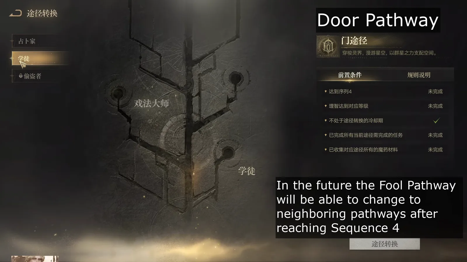 门途径 Door pathway conversion prerequisites panel in Lord of Mysteries showing 达到序列4 reach Sequence 4 alongside the sanity, quest and potion material checks, with only the cooldown requirement already met 门途径 Door pathway conversion prerequisites panel in Lord of Mysteries showing 达到序列4 reach Sequence 4 alongside the sanity, quest and potion material checks, with only the cooldown requirement already met