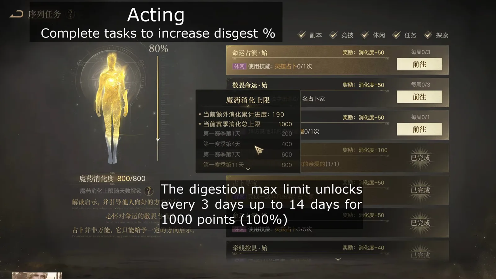 魔药消化上限 potion digestion cap tooltip in Lord of Mysteries listing accumulated extra digestion 190, a season cap of 1000 and unlock steps of 200, 400, 600 and 800 points on days 1, 4, 7 and 11 魔药消化上限 potion digestion cap tooltip in Lord of Mysteries listing accumulated extra digestion 190, a season cap of 1000 and unlock steps of 200, 400, 600 and 800 points on days 1, 4, 7 and 11