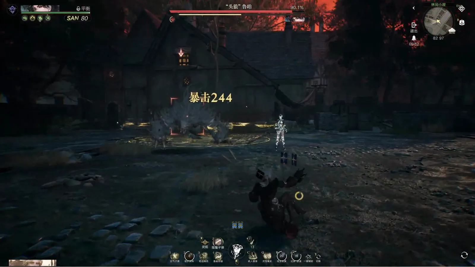 Yellow critical damage number 暴击244 floating over a wolf-headed boss standing in a golden ring sigil during the Lord of Mysteries alpha wolf solo attempt Yellow critical damage number 暴击244 floating over a wolf-headed boss standing in a golden ring sigil during the Lord of Mysteries alpha wolf solo attempt