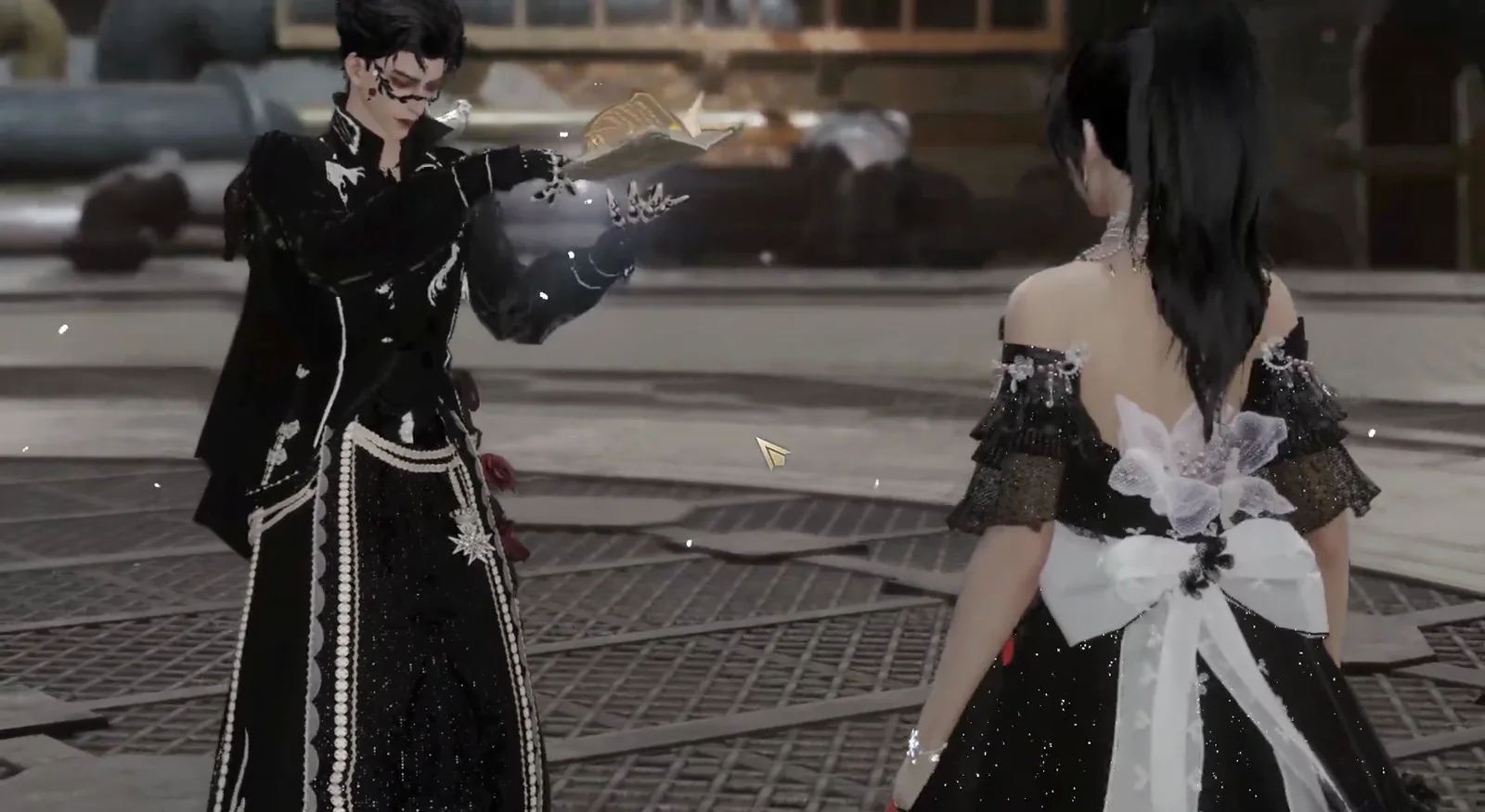 Mid-raid story cutscene in the Emperor Returns raid showing a man in a dark coat and a woman in a black and white dress