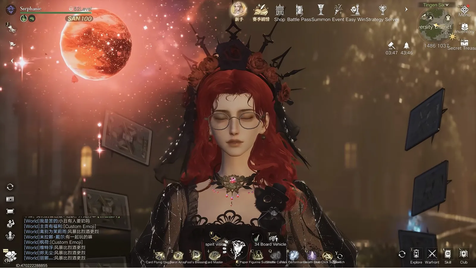Lord of Mysteries player character wearing the Night Bloom limited outfit beneath a giant crimson moon in Tingen — the cosmetic summon pool's grand prize on the CN server. Lord of Mysteries player character wearing the Night Bloom limited outfit beneath a giant crimson moon in Tingen — the cosmetic summon pool's grand prize on the CN server.
