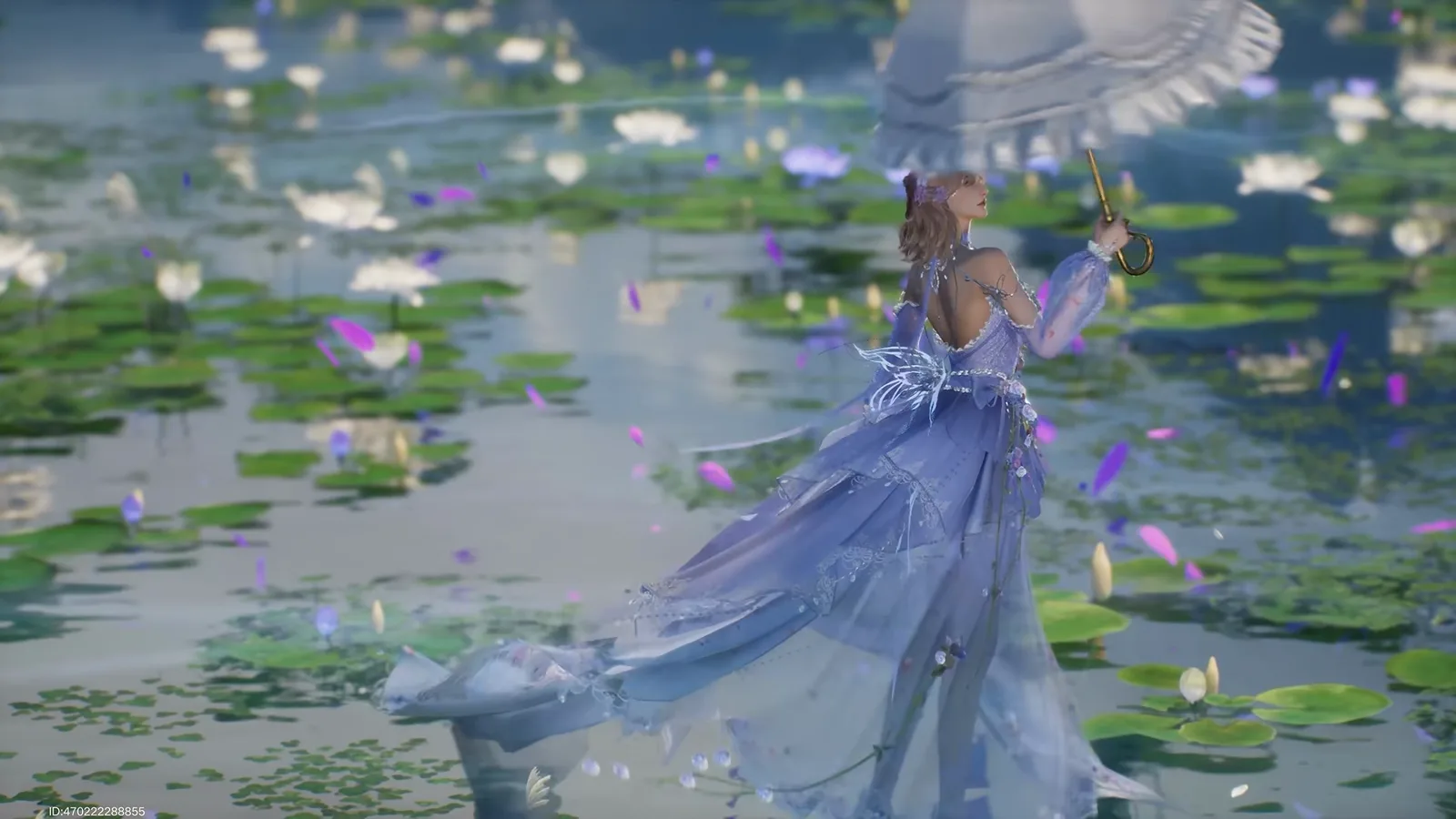 Full-screen cinematic preview of a limited gown outfit against a lily-pond backdrop, played from the Lord of Mysteries appearance exchange shop. Full-screen cinematic preview of a limited gown outfit against a lily-pond backdrop, played from the Lord of Mysteries appearance exchange shop.