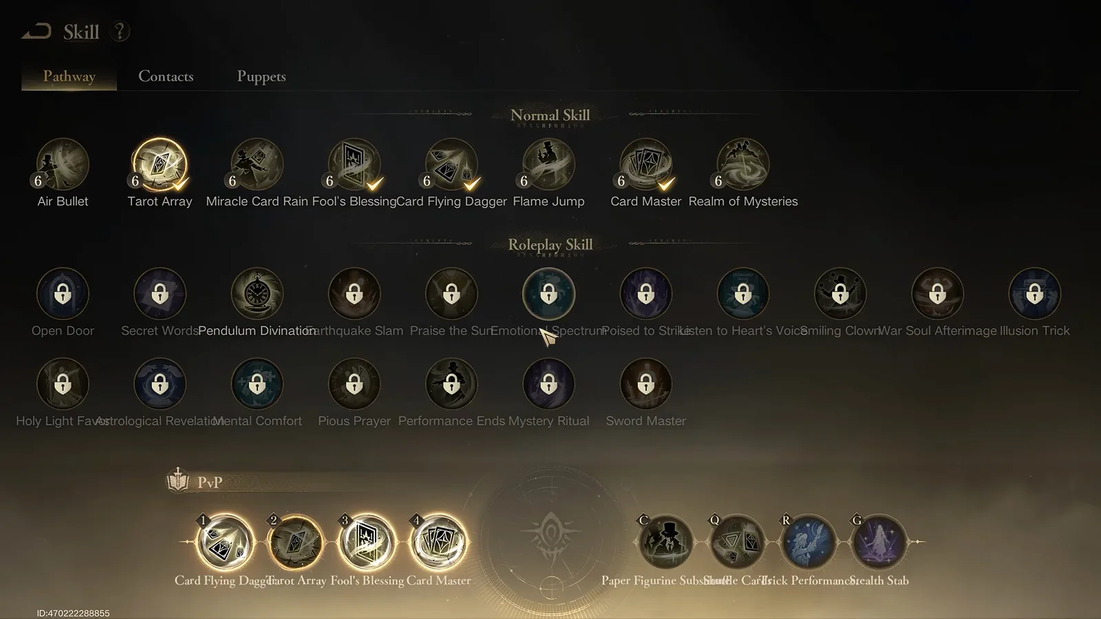 Skill loadout screen in Lord of Mysteries with four numbered pathway-skill slots and backup slots holding Contacts and puppet skills in the PvP preset. Skill loadout screen in Lord of Mysteries with four numbered pathway-skill slots and backup slots holding Contacts and puppet skills in the PvP preset.