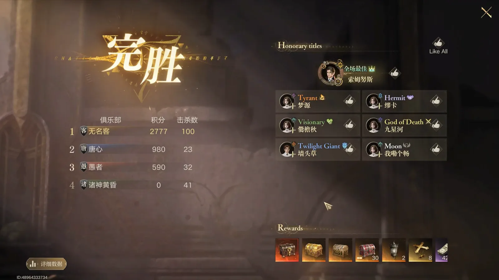 Lord of Mysteries guild war complete victory screen showing final guild standings by points and kills, honorary titles, and chest rewards Lord of Mysteries guild war complete victory screen showing final guild standings by points and kills, honorary titles, and chest rewards