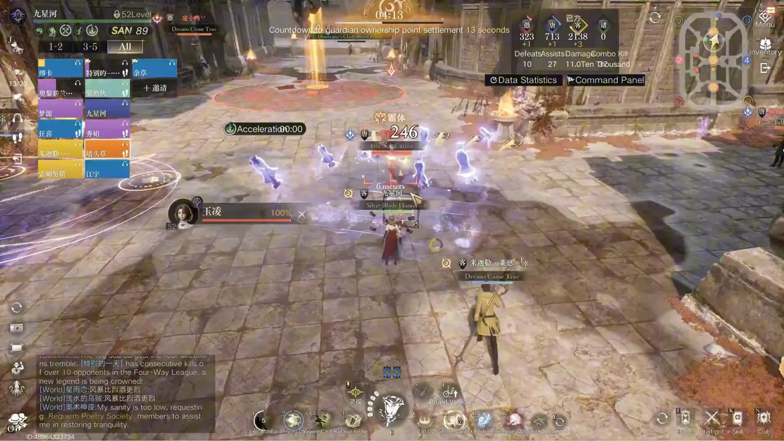 Lord of Mysteries guild war red AoE telegraph ring spreading across the capture point floor beneath a golden pillar while players reposition Lord of Mysteries guild war red AoE telegraph ring spreading across the capture point floor beneath a golden pillar while players reposition