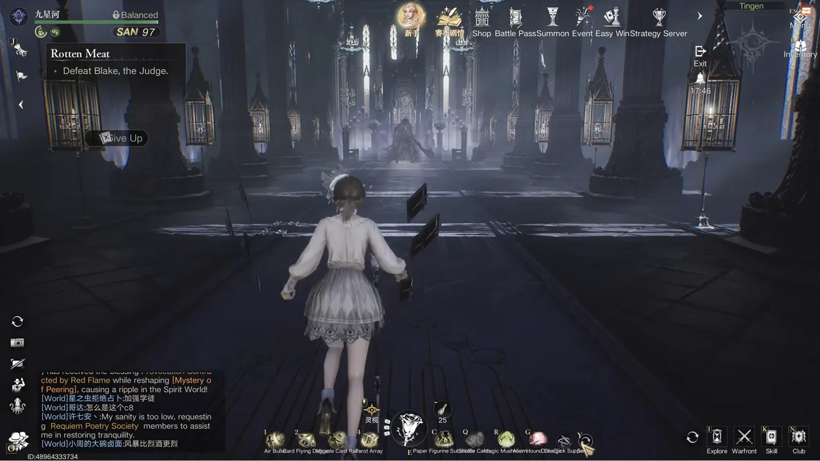 Lord of Mysteries quest tracker showing Rotten Meat with the objective Defeat Blake the Judge as the Seer enters the Tingen cathedral at 97 sanity