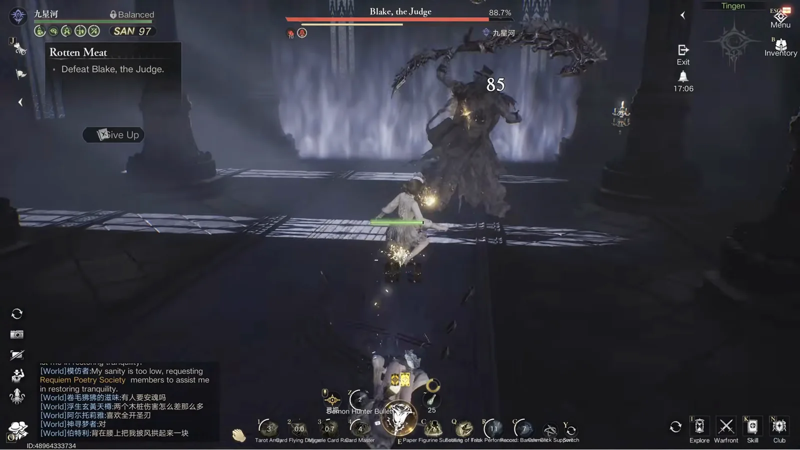 Lord of Mysteries boss Blake the Judge swinging a wide dark cleave at a Seer as the boss health bar reads 88.7 percent with an 85 damage number