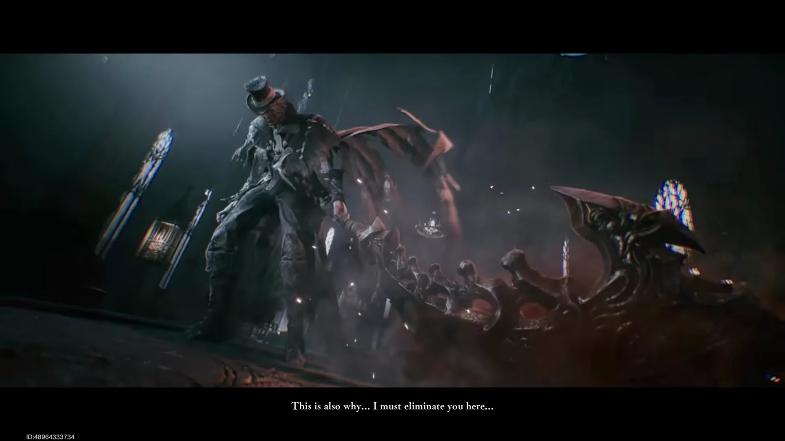 Lord of Mysteries cutscene in the Tingen cathedral where Blake the Judge stands masked and red-cloaked above the line I must eliminate you here