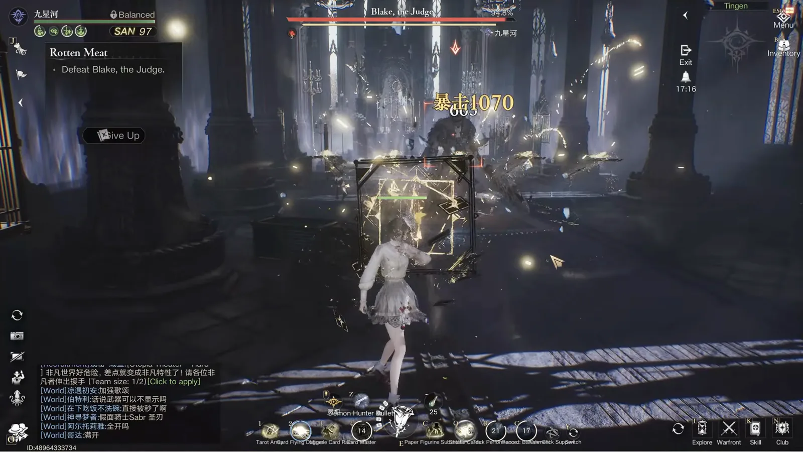 Golden chains and a rune circle closing around a Seer in Lord of Mysteries as a critical 1070 lands on Blake the Judge