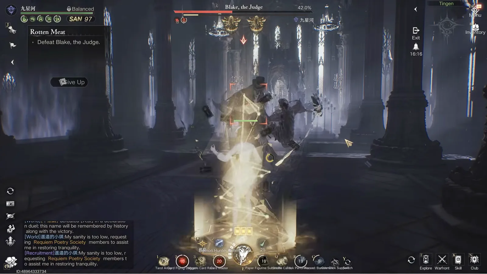 Lantern-carrying silhouette of Blake the Judge in Lord of Mysteries tagged by a red target diamond while gold floor runes mark the next impact at 42 percent health
