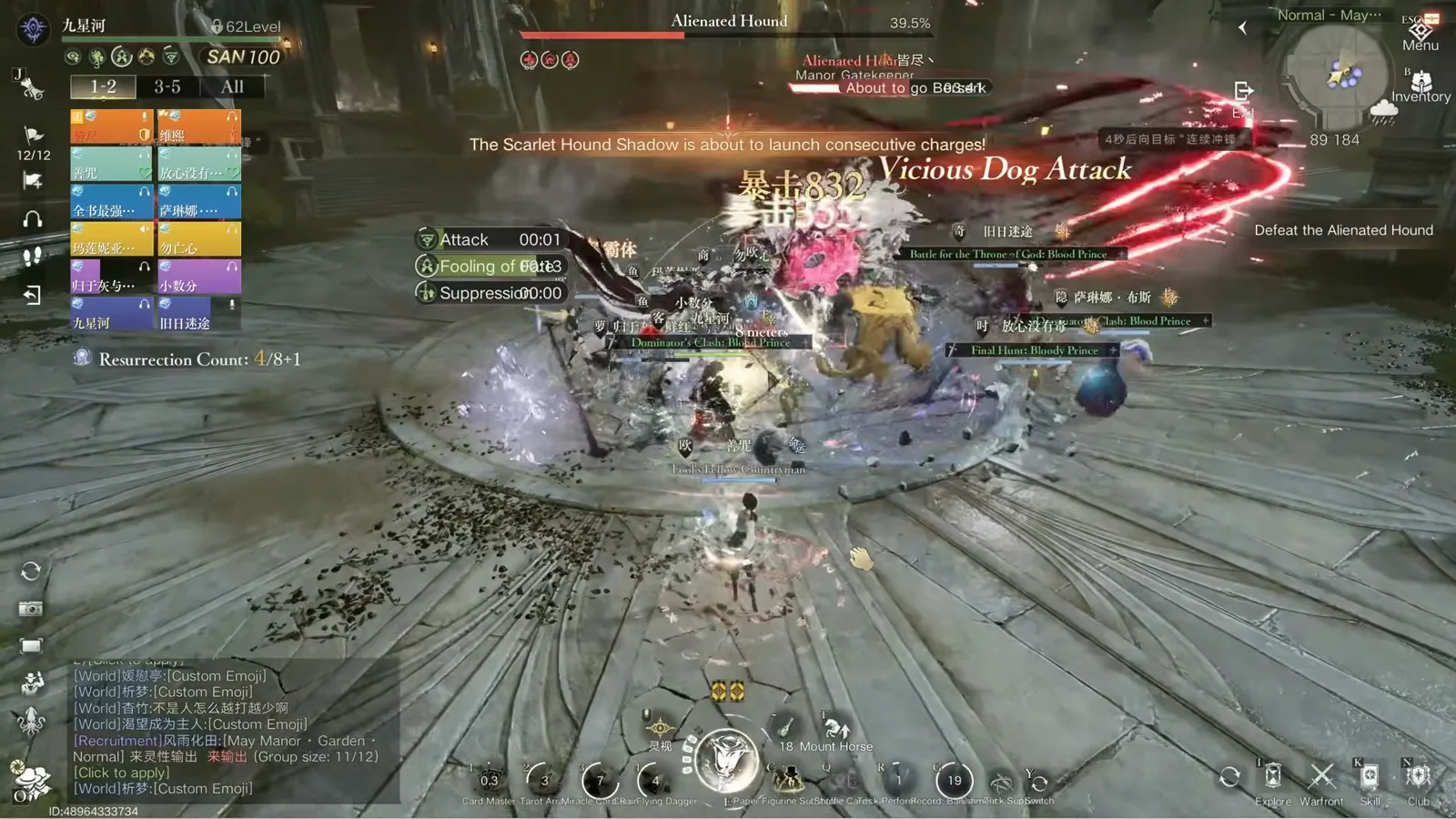 Vision Dog Attack banner over the Alienated Hound arena while the raid burns the summoned hound near the gold reward chest Vision Dog Attack banner over the Alienated Hound arena while the raid burns the summoned hound near the gold reward chest