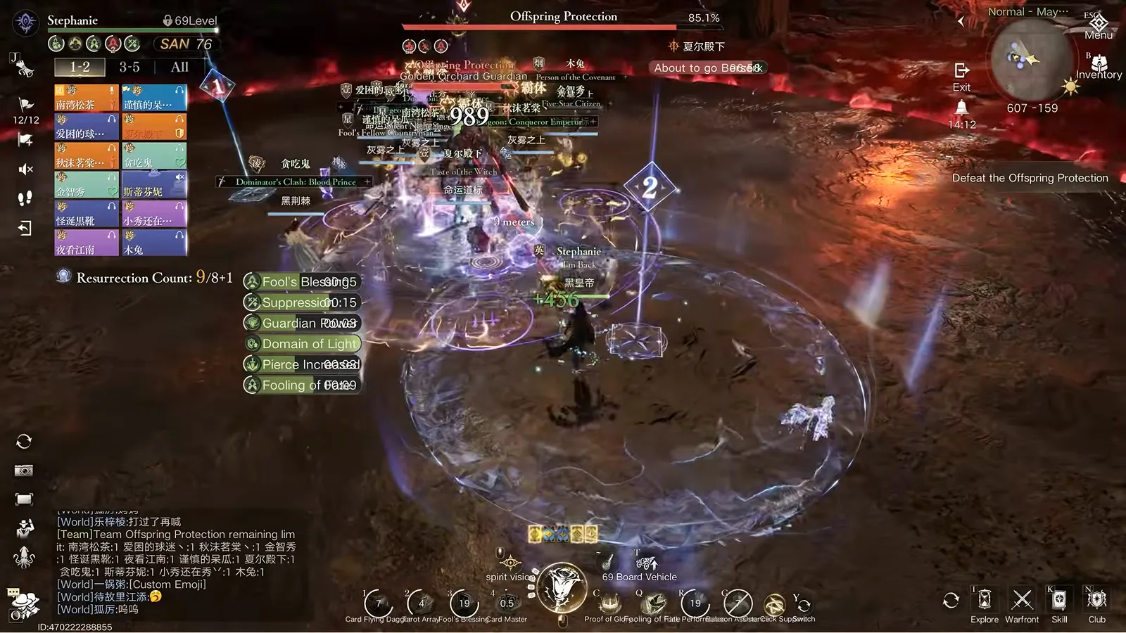 Large orange circle on the red arena floor with the on-screen prompt to split into two teams and share the damage in the May Manor raid Large orange circle on the red arena floor with the on-screen prompt to split into two teams and share the damage in the May Manor raid