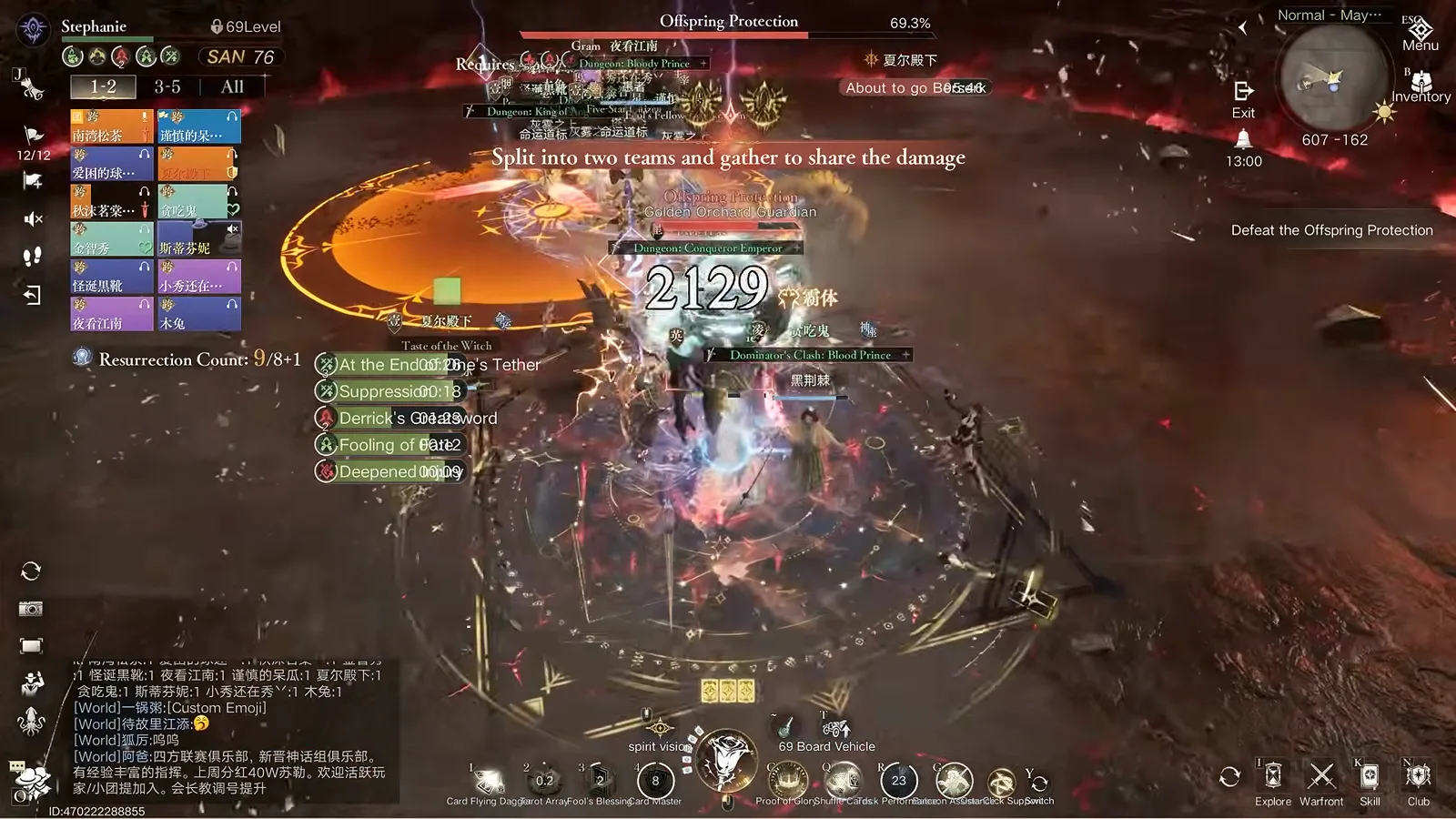 Raid stacked inside the orange soak circle sharing a 2129 damage hit during the Offspring Projection fight in Lord of Mysteries Raid stacked inside the orange soak circle sharing a 2129 damage hit during the Offspring Projection fight in Lord of Mysteries