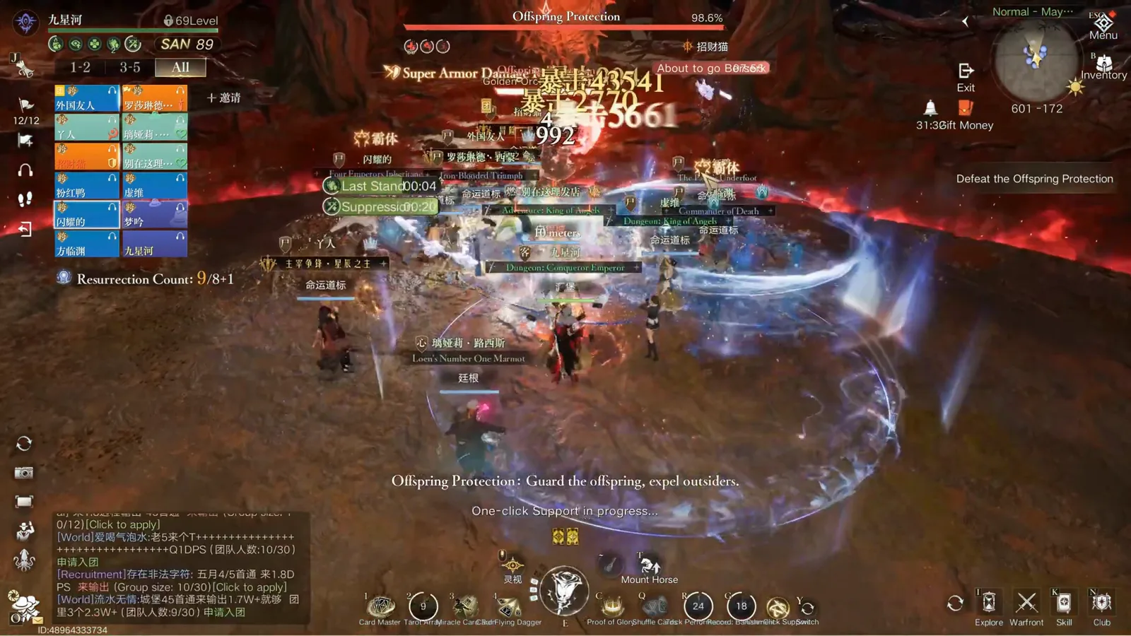 Offspring Protection boss health bar labelled Golden Orchard Guardian at 98.6 percent with a twelve-player raid group gathered in the red May Manor Castle arena Offspring Protection boss health bar labelled Golden Orchard Guardian at 98.6 percent with a twelve-player raid group gathered in the red May Manor Castle arena