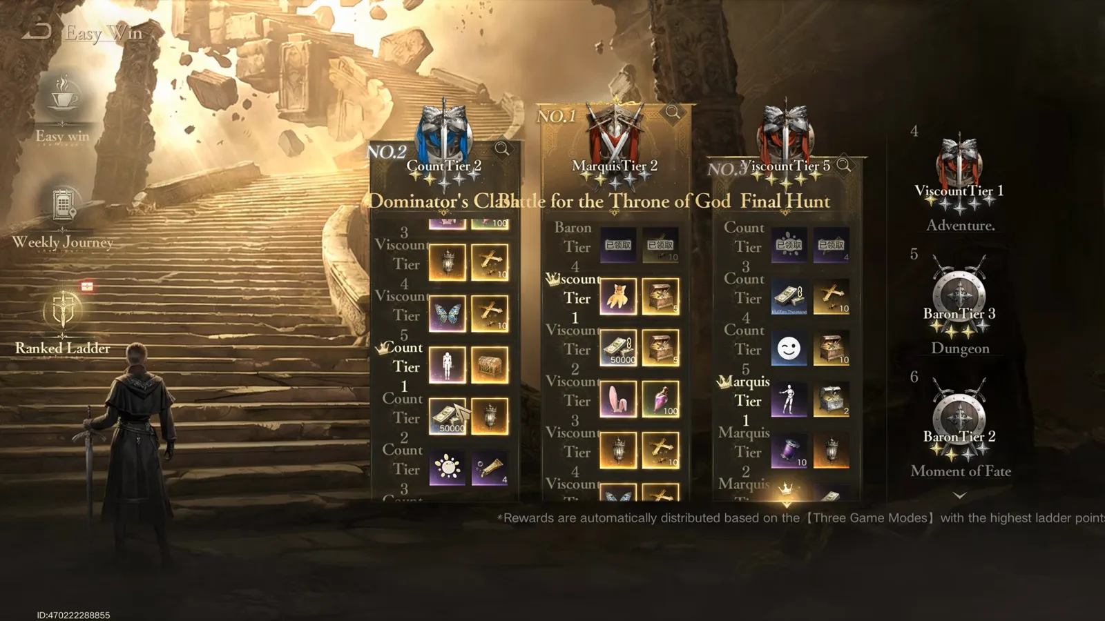 Lord of Mysteries Warfront ranked ladder rewards screen with per-tier prize columns for Dominator's Clash, Battle for the Throne of God and Final Hunt Lord of Mysteries Warfront ranked ladder rewards screen with per-tier prize columns for Dominator's Clash, Battle for the Throne of God and Final Hunt