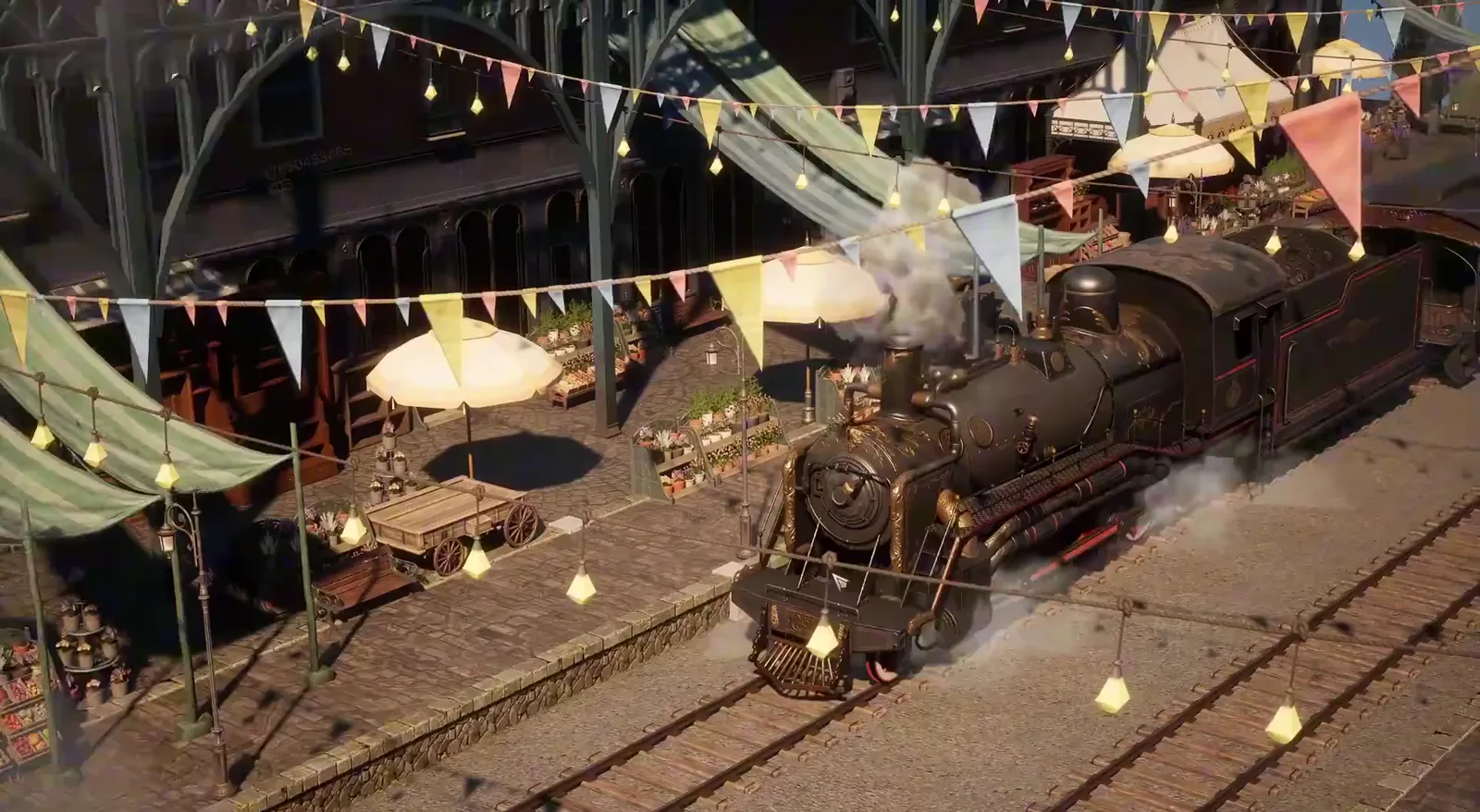 Lord of Mysteries steam train rolling through a market arcade strung with bunting and gas lamps between two Railway Tycoon trading stops Lord of Mysteries steam train rolling through a market arcade strung with bunting and gas lamps between two Railway Tycoon trading stops