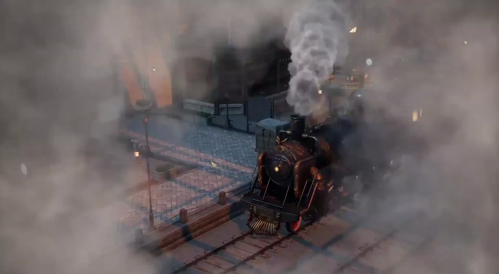Steam locomotive pouring smoke through a gas-lit Lord of Mysteries railway depot at night, the establishing shot of a Railway Tycoon trading run Steam locomotive pouring smoke through a gas-lit Lord of Mysteries railway depot at night, the establishing shot of a Railway Tycoon trading run