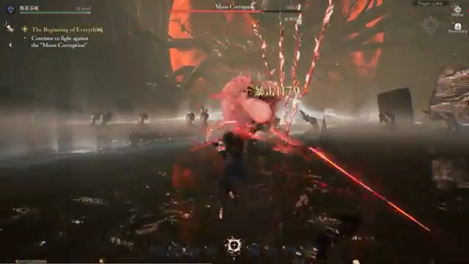 Lord of Mysteries Seer channels red beams into the Marrow Corruption as critical damage numbers pop over the boss. Lord of Mysteries Seer channels red beams into the Marrow Corruption as critical damage numbers pop over the boss.