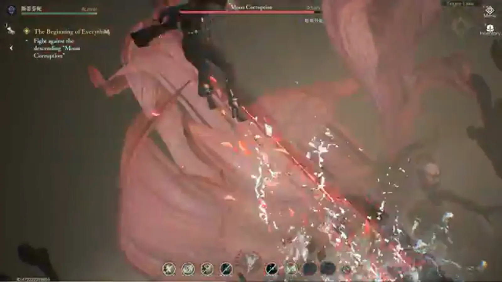 Lord of Mysteries Seer combat HUD in a petal-choked boss arena, skill bar lit up mid rotation. Lord of Mysteries Seer combat HUD in a petal-choked boss arena, skill bar lit up mid rotation.