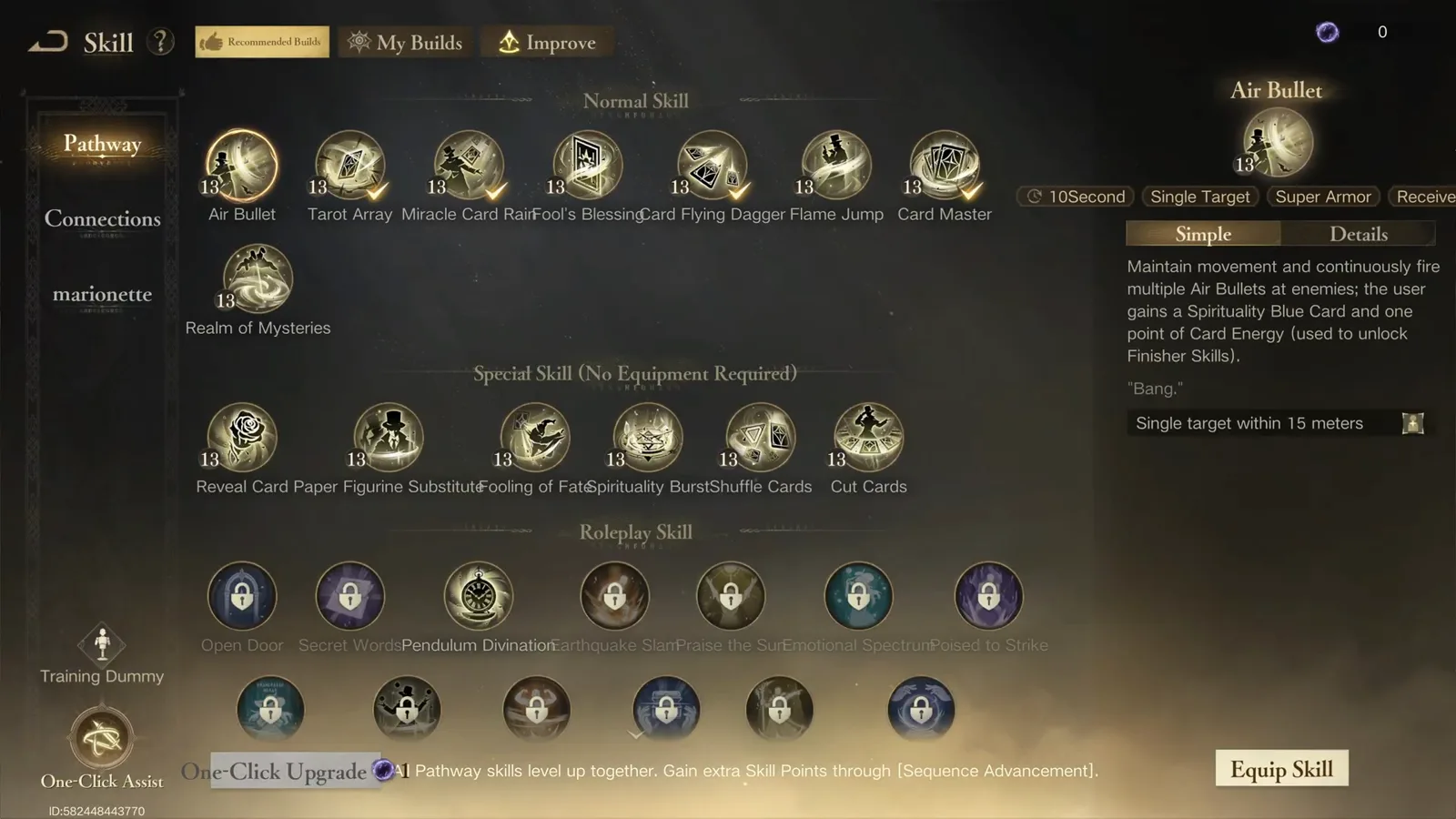 Lord of Mysteries Seer skill menu listing Reveal Card, Fooling of Fate, Spirituality Burst and Shuffle Cards skills.