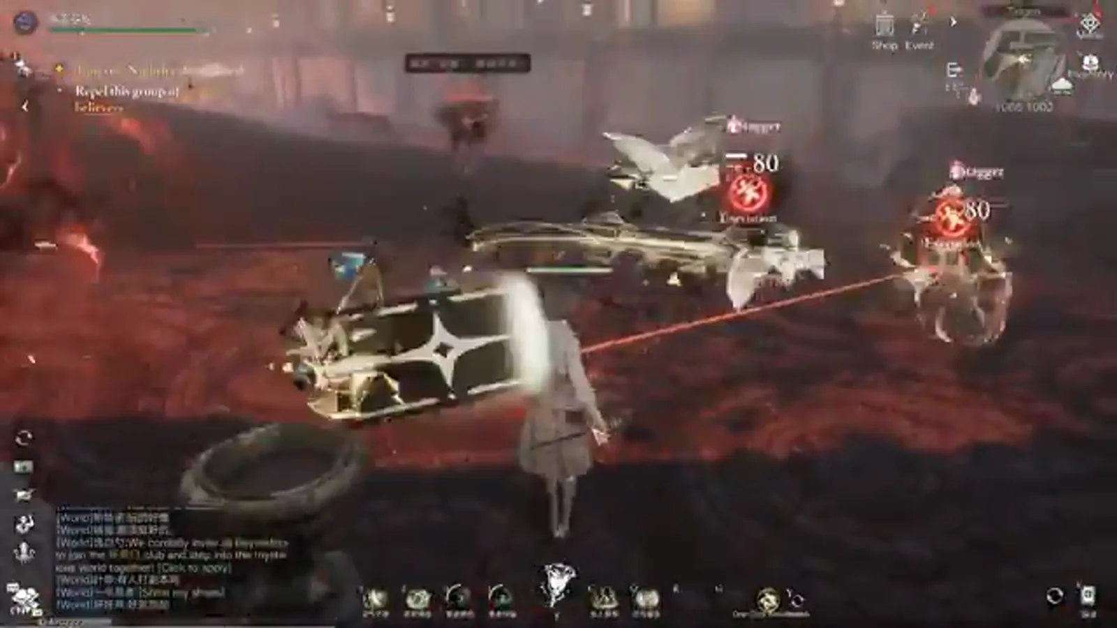 Lord of Mysteries Seer fights in a red-tinted street as glowing cards orbit the player during open-world combat. Lord of Mysteries Seer fights in a red-tinted street as glowing cards orbit the player during open-world combat.