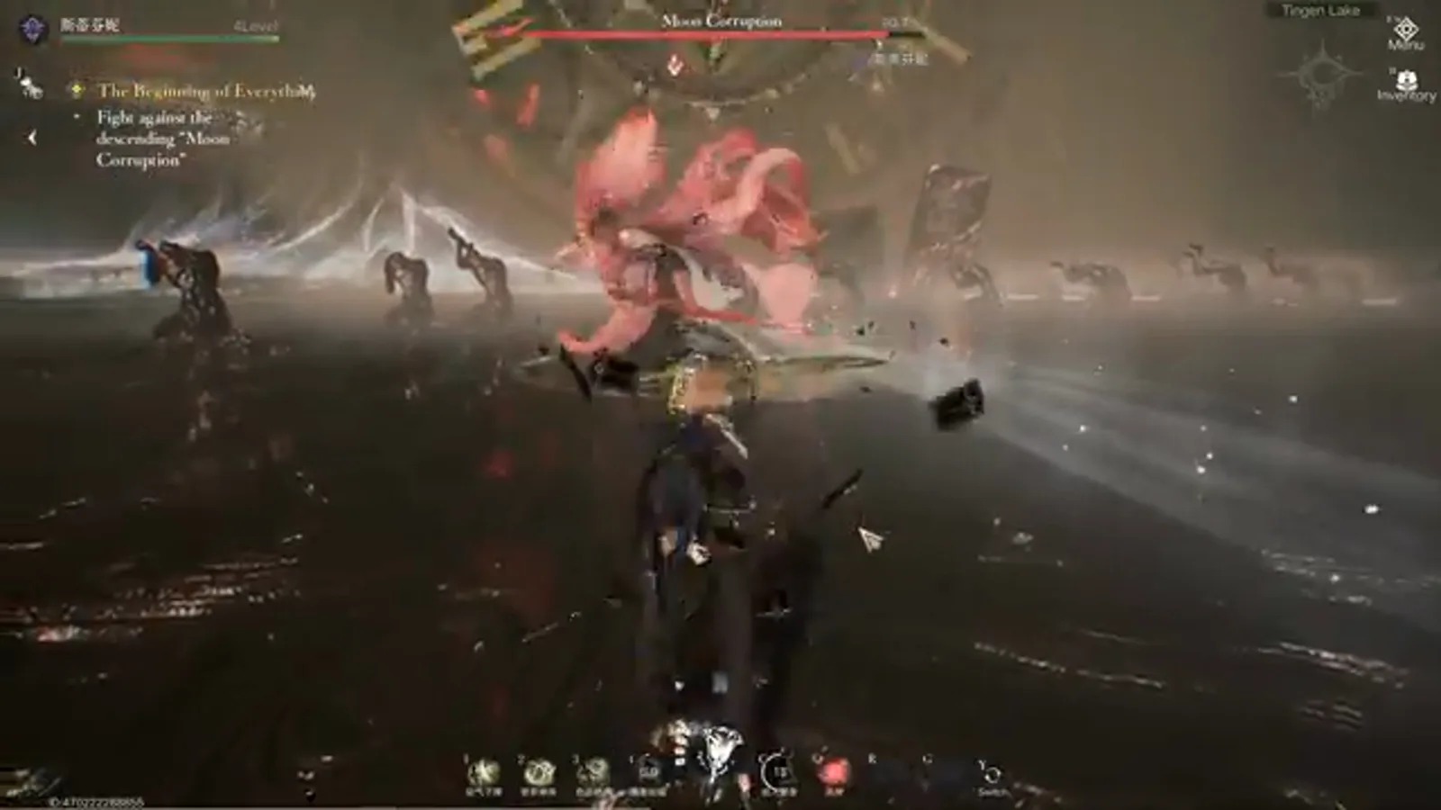 Lord of Mysteries Seer casts a skill at the boss as red energy swirls in a pillar behind the player. Lord of Mysteries Seer casts a skill at the boss as red energy swirls in a pillar behind the player.