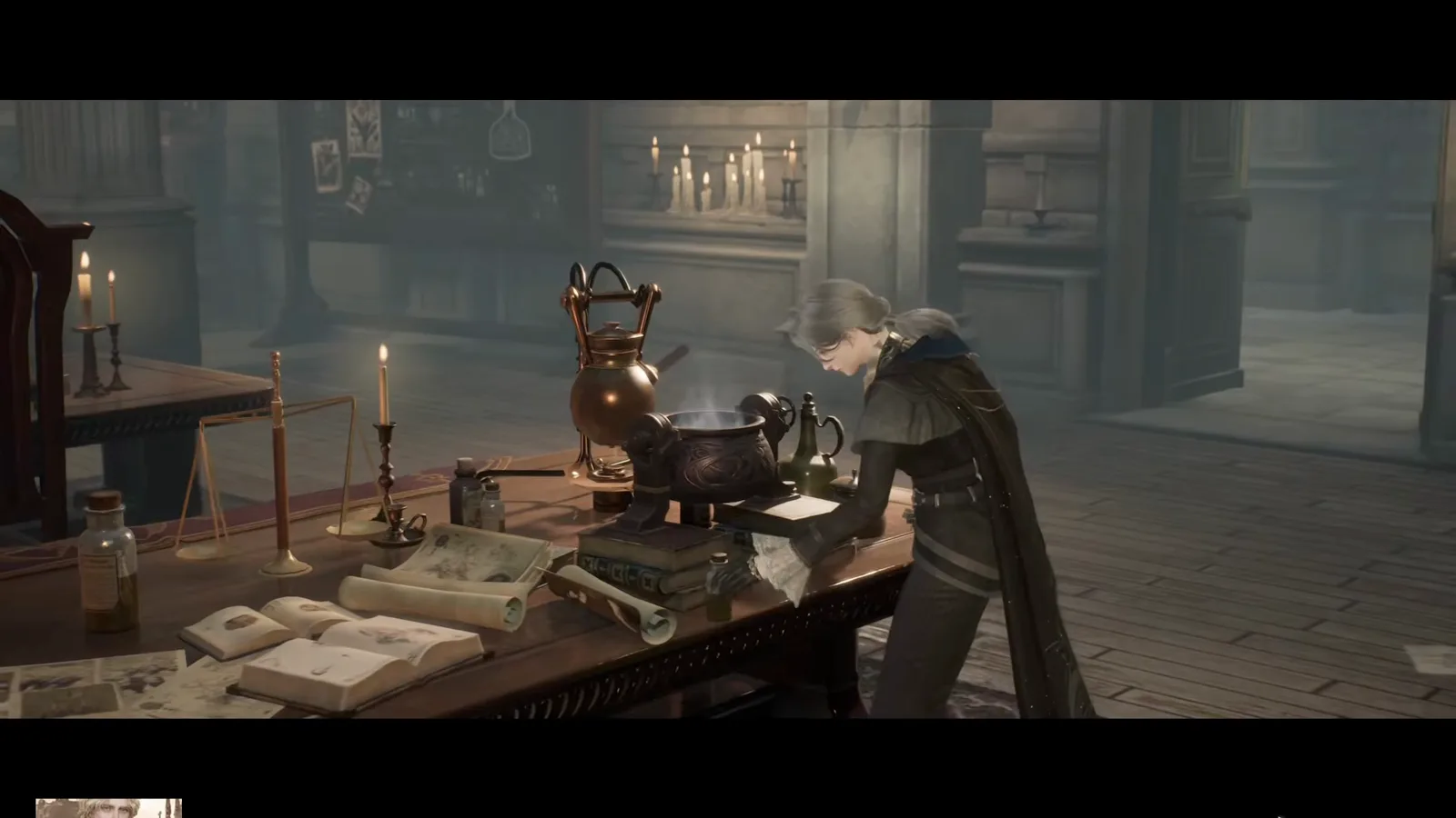Bent over the copper cauldron in Lord of Mysteries, the character works through the scripted Clown potion brewing scene with no recipe or ingredient screen visible Bent over the copper cauldron in Lord of Mysteries, the character works through the scripted Clown potion brewing scene with no recipe or ingredient screen visible